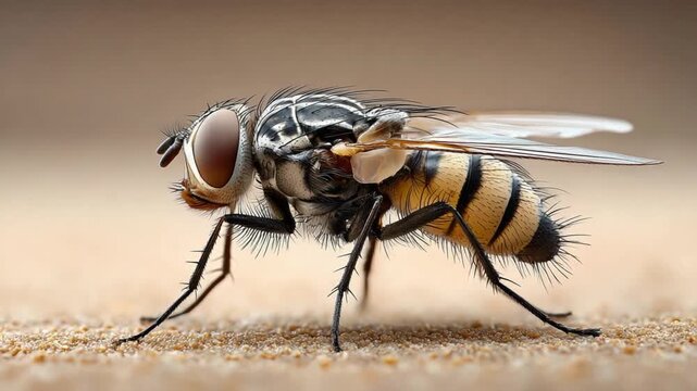 Macro Shot of a Housefly: A close-up, high-definition shot of a housefly, revealing the intricate details of its anatomy and texture, highlighting the beauty in nature's design.