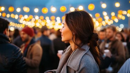 Night Gathering: A woman enjoys a festive evening amidst a bustling crowd of people, illuminated by the soft glow of string lights above. Capturing the atmosphere of friendship, connection.