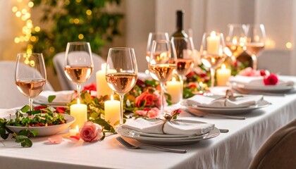 Elegant Candlelit Dinner Table with Wine and Gourmet Dishes
