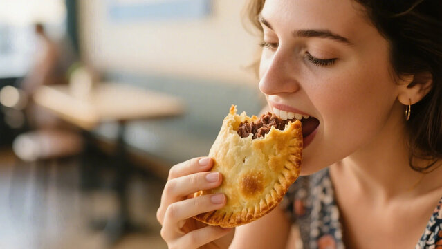 ''A woman savoring a savory hand pie, her eyes closed in delight, in a cozy café setting with soft natural light and a warm, in...