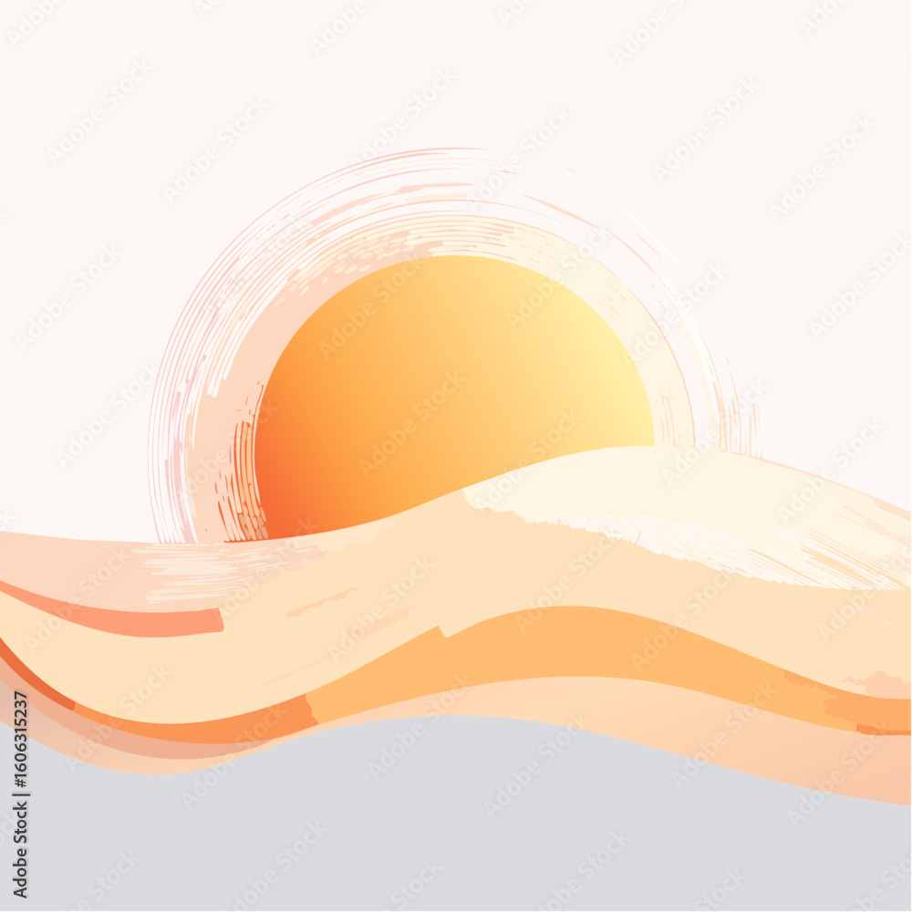 Aufkleber a minimalist sun rising over a stylized horizon with soft gradients and abstract curves. clean shape