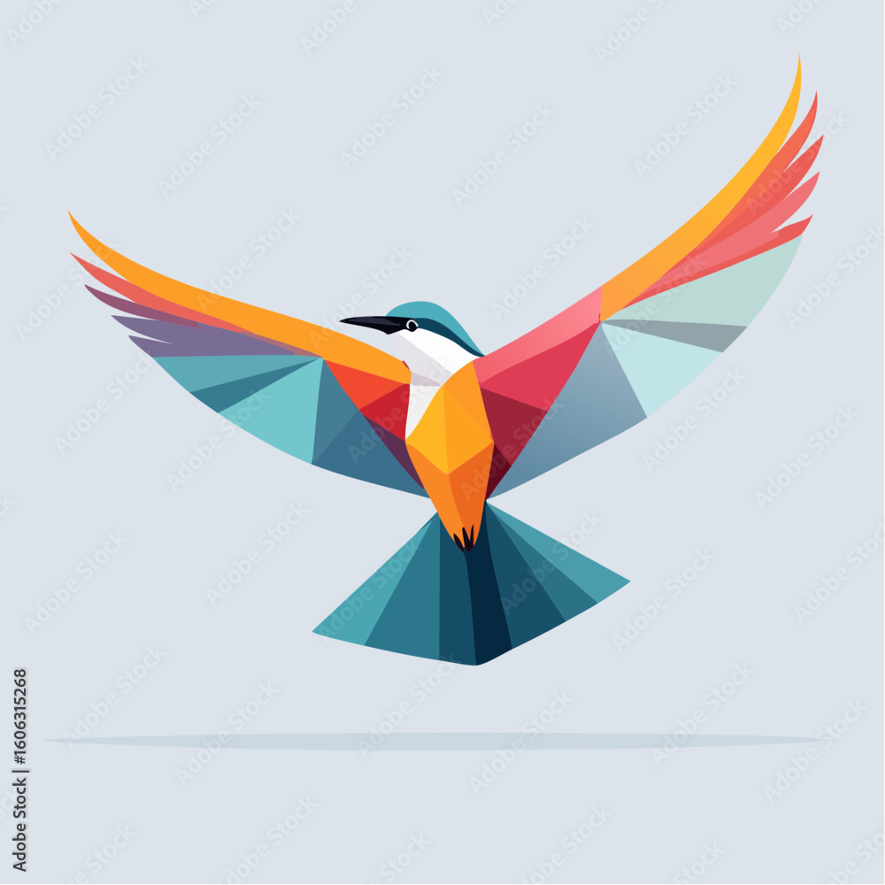 Poster a clean geometric bird mid-flight with angular wings and negative space details. stylish and symboli