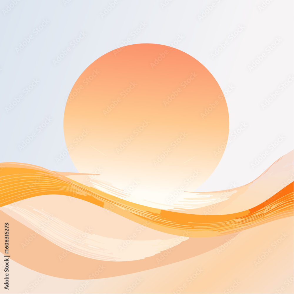 Aufkleber a minimalist sun rising over a stylized horizon with soft gradients and abstract curves. clean shape