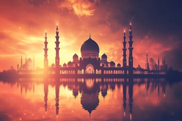 Fototapeta premium Grand Mosque Silhouette Reflected In Sunset Waters