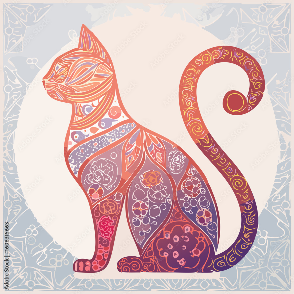 Poster a minimalist cat silhouette with hidden patterns in the body — clean design with a playful graphic t