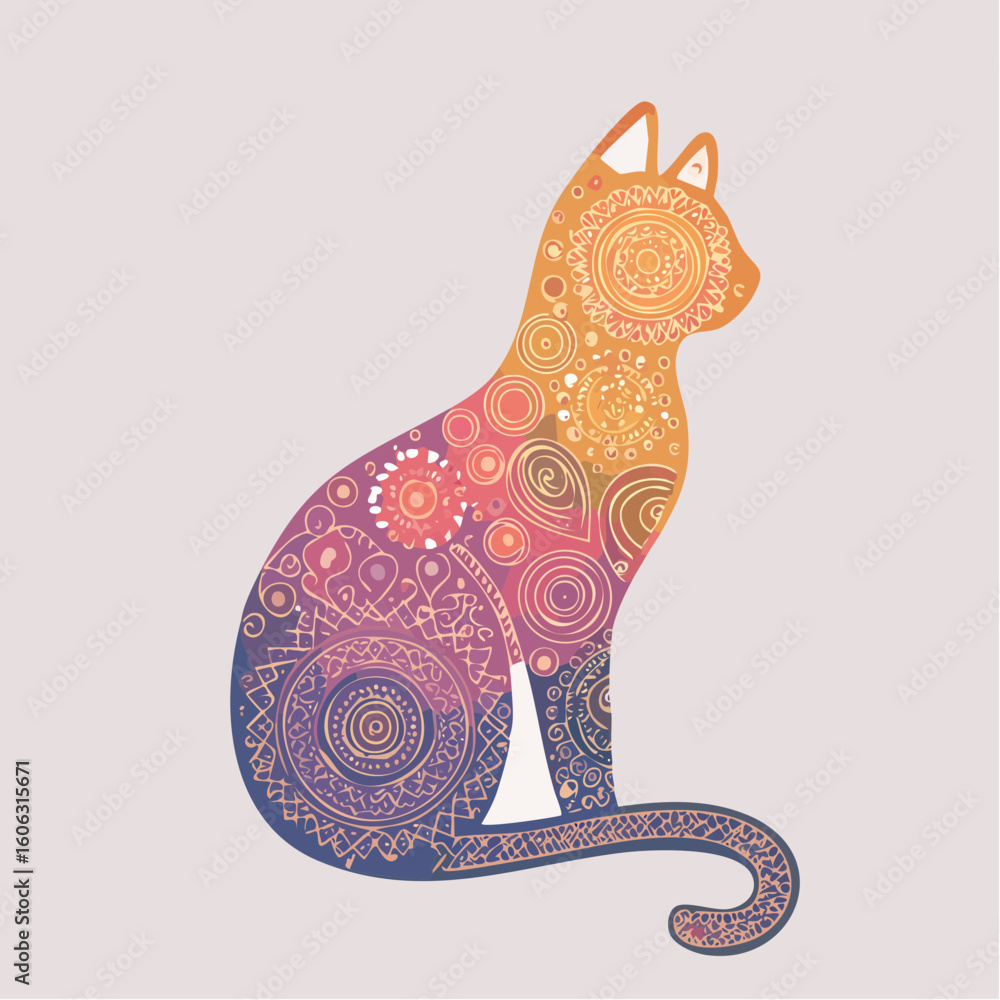 Poster a minimalist cat silhouette with hidden patterns in the body — clean design with a playful graphic t