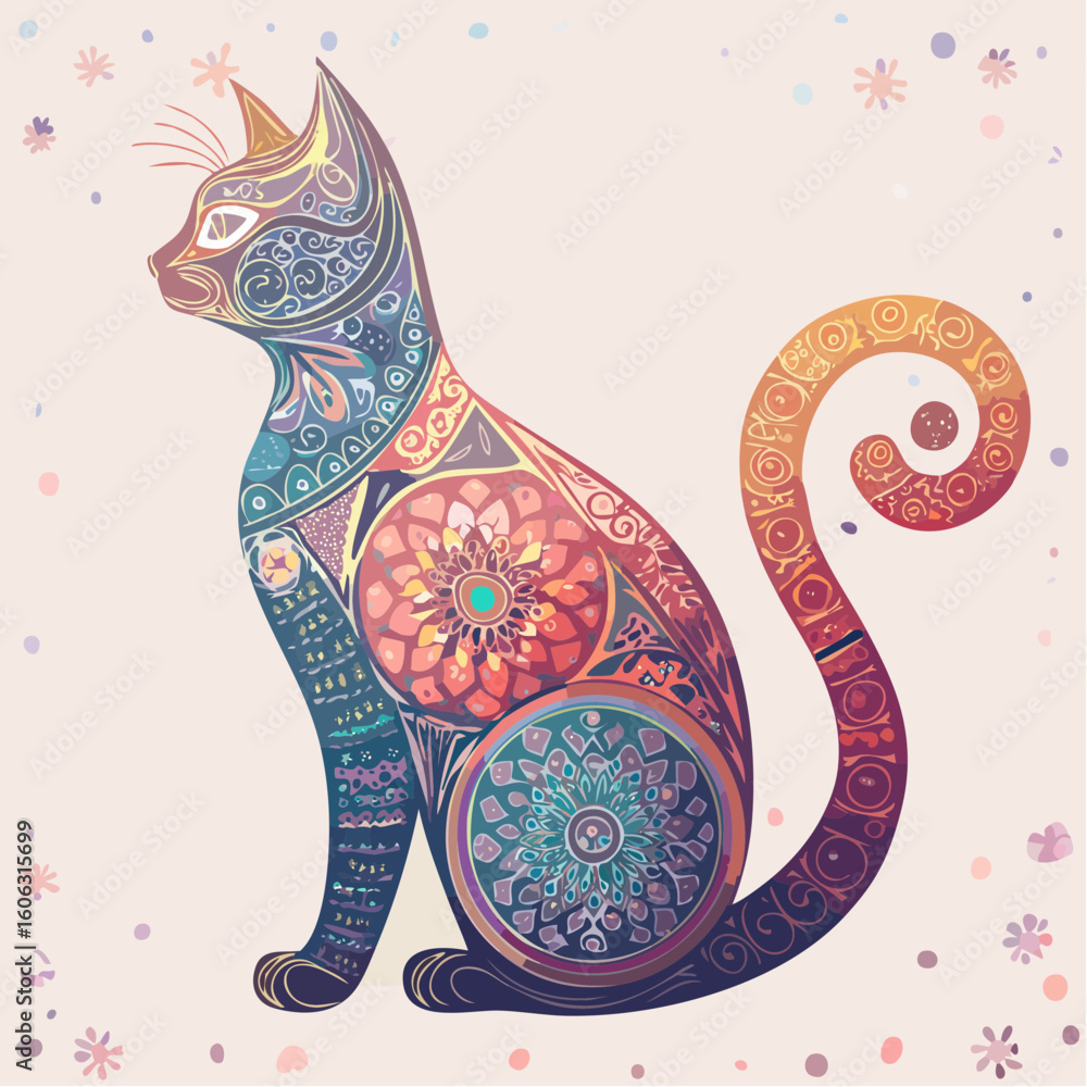 Poster a minimalist cat silhouette with hidden patterns in the body — clean design with a playful graphic t