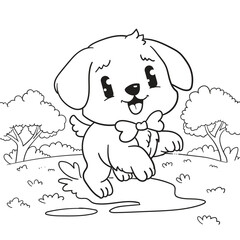 Black and White Cartoon Illustration of Cute Puppy Animal Character for Coloring Book
