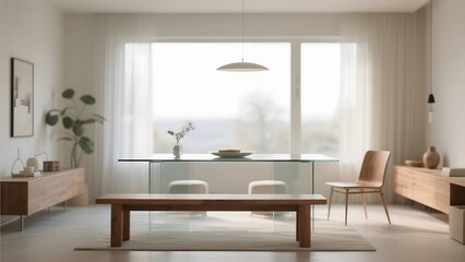 Modern minimalist dining room with natural light and sleek furniture