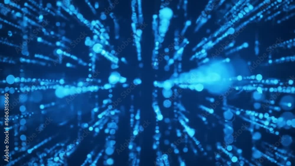 Poster dynamic blue light particles stream across a dark digital background, creating an abstract futuristi