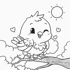 Coloring book for children: Cute little bird on a branch
