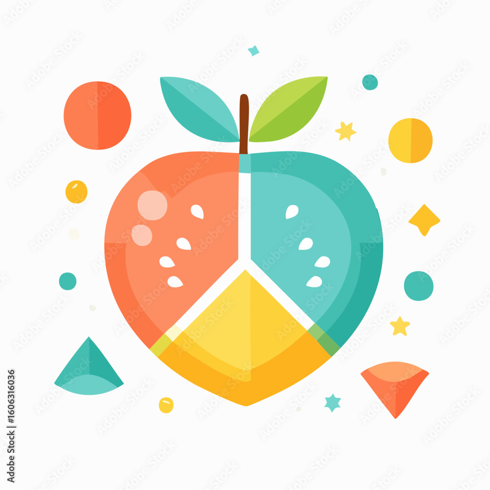 Poster an abstract fruit illustration using geometry and unexpected color. balanced and graphic.