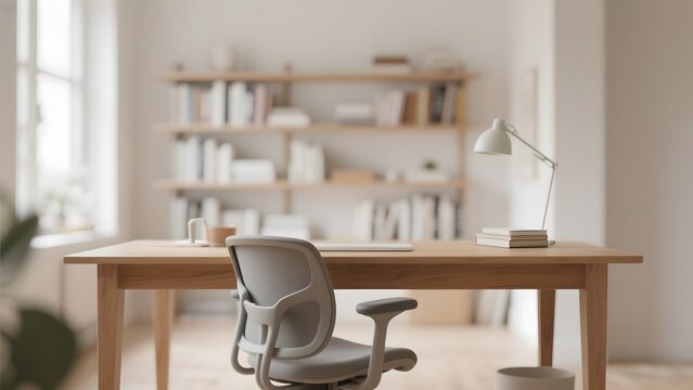 Modern Home Office Setup with Wooden Desk and Ergonomic Chair