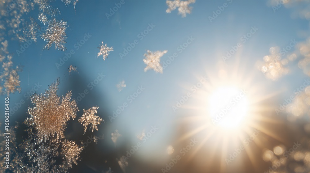 Poster frosty patterns on a window pane, illuminated by the sun.