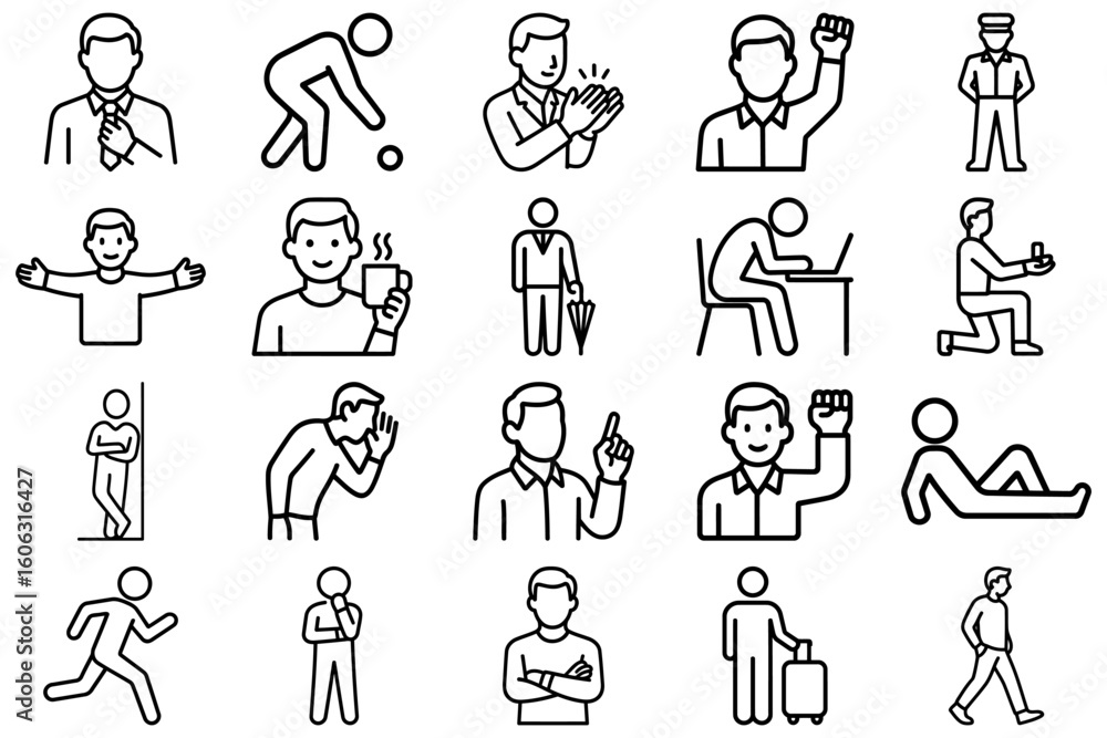 Poster human pictogram collection: a meticulously crafted set of minimalist line art pictograms, each encap