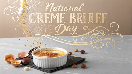 National Creme Brulee Day, Creative digital illustration of flying crème brûlée ingredients with dramatic flair.