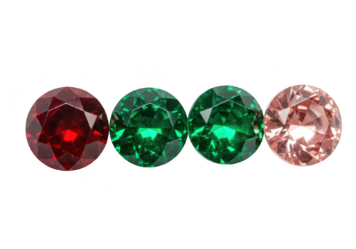 A row of four colorful faceted gemstones including ruby emeralds and pink diamond on transparent background - Powered by Adobe