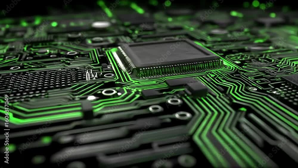 Aufkleber digital circuit board animation with glowing green traces and components