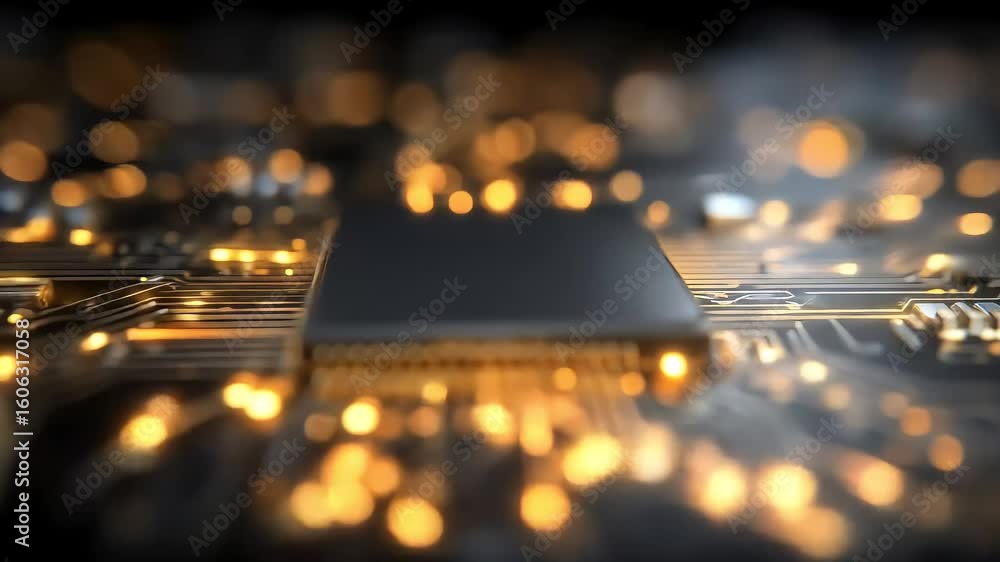 Poster advanced technology chip circuit board with golden glow and intricate design