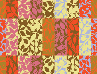 Colorful patchwork leaf seamless pattern in vibrant retro tones. Hand drawn botanical elements in orange, yellow, pink, and brown create a playful and vintage vibe for textiles and surface design.