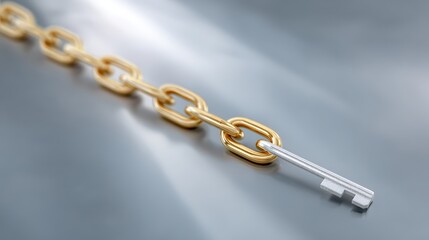 Obraz premium Robo-advisor and financial inclusion, A silver key is linked to a gold chain, symbolizing connection, security, and strength with a sleek, reflective surface background.