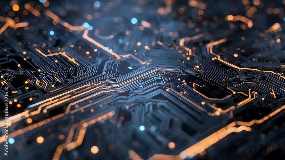 Poster abstract circuit board animation with glowing lines and bokeh effects