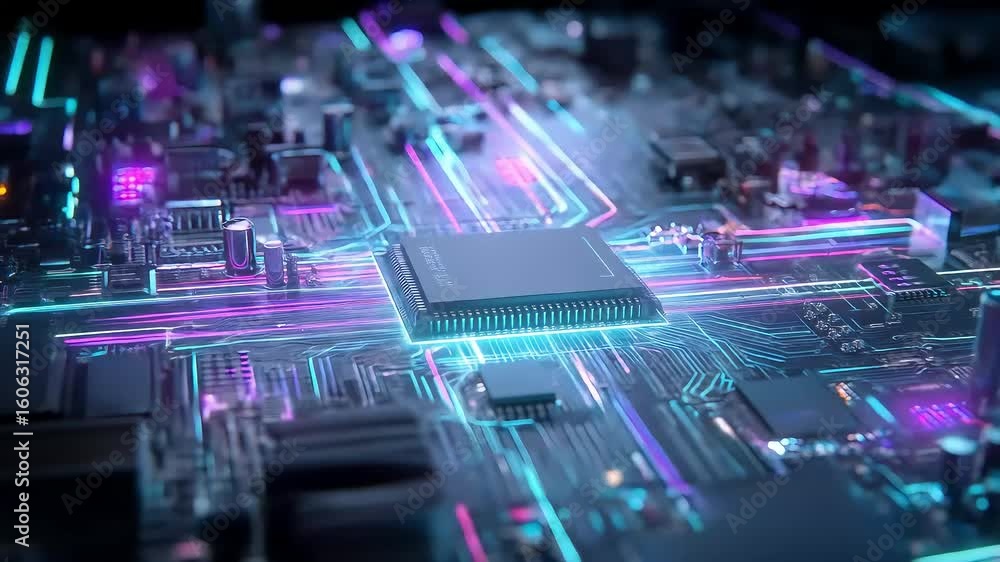 Poster advanced technology motherboard circuit with neon light data flow design