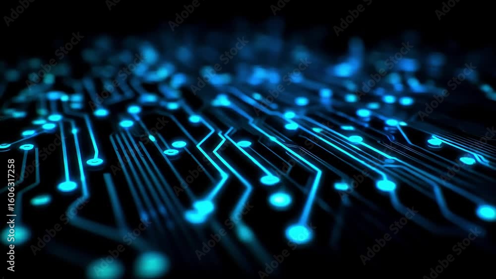 Poster futuristic circuit board animation with glowing blue lights and data flow