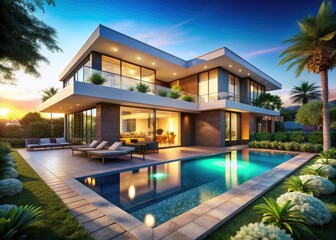 Fototapeta premium Luxury detached villa: Breathtaking 3D render and high-res images for real estate marketing.