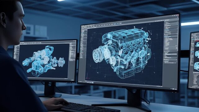 Dual monitors displaying 3D engine CAD model in engineering studio