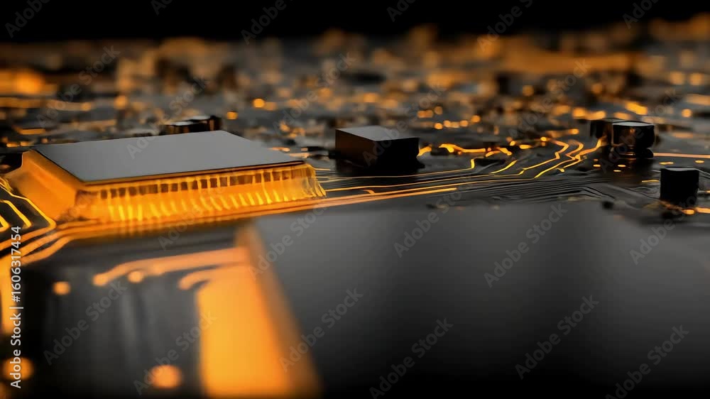 Poster illuminated circuit board with glowing pathways and components close up