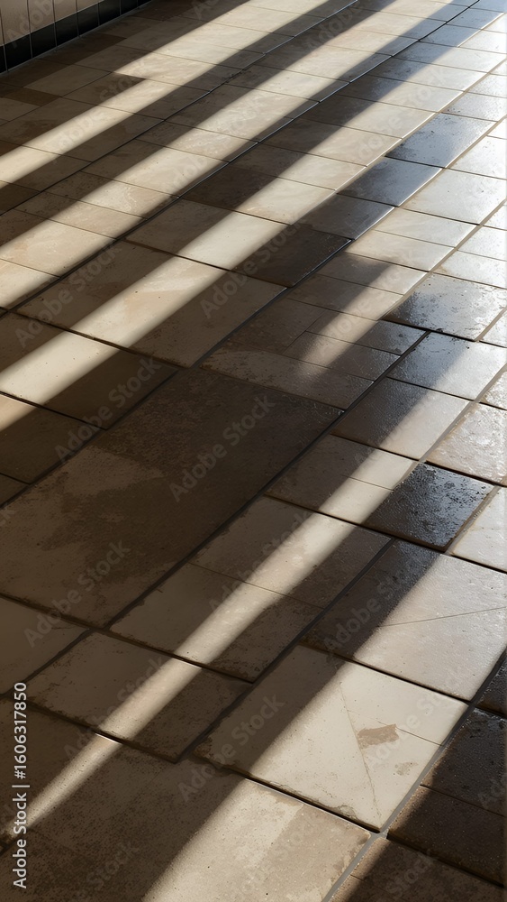 Poster abstract composition highlights light and shadow on a tiled floor, creating strong linear patterns.