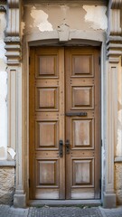 Weathered window with peeling paint and open panes reveals the building's history and decay.