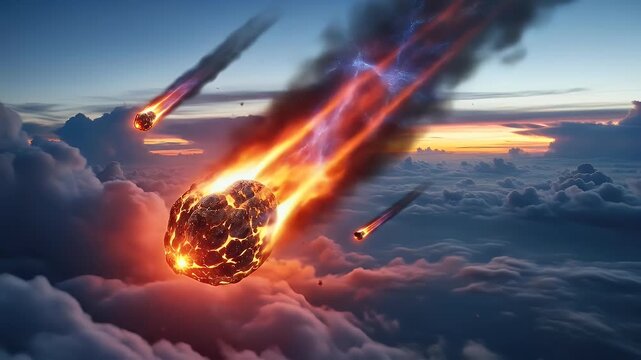 Fiery meteor falling through sky with smoke and blazing trail at sunset