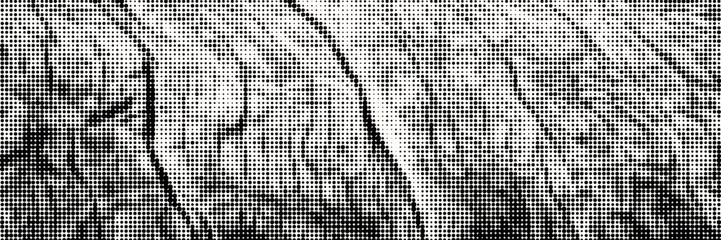 Halftone overlay resembling wooden bark texture. Black dot, white background. Vector banner for design and creative projects