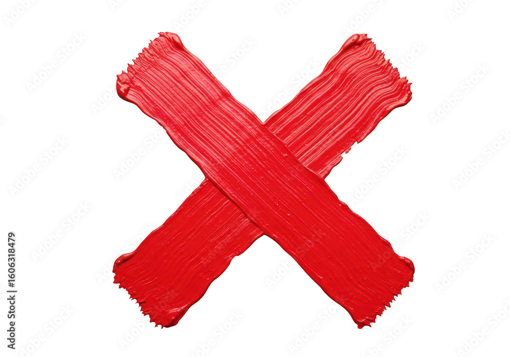 Poster bold red x mark created with thick textured paint strokes on a transparent background signifying a c