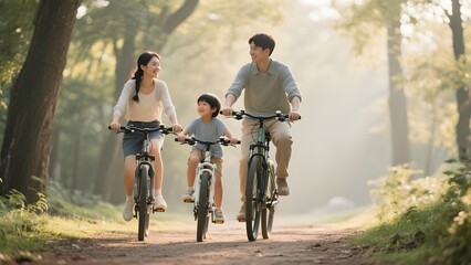 Obraz premium Family enjoying a bike ride together on a sunny day in a forested path