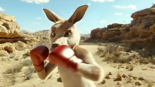 Kangaroo Boxer in the Desert, Boxing with Gloves, Animation of Animal Fighting, Action
