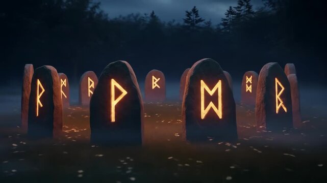 Glowing Rune Stones in Dark Forest - Glowing runes illuminate ancient-looking stones arranged in a circle within a misty, dark forest at night. The scene evokes a mystical and mysterious atmosphere.