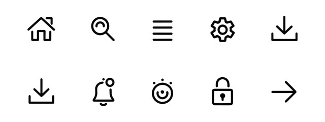 Minimalist Web and UI Icon Set with Outline Style Featuring Home, Search, Menu, and More