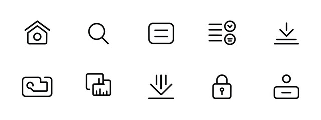 Minimalist Web and UI Icon Set with Outline Style Featuring Home, Search, Menu, and More