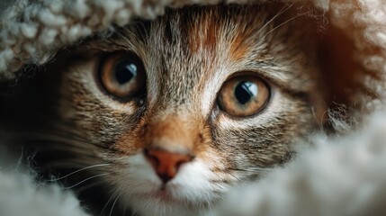 Cozy Tiny Kitten Snuggled in a Woolen Blanket – Heartwarming and Adorable Pet Photography