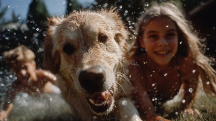 Heartwarming Moment: Two Kids Joyfully Playing with a Golden Retriever in a Beautiful Sunlit Park