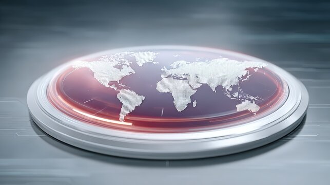 Robo-advisor and financial inclusion, A futuristic circular digital interface displaying a world map, surrounded by glowing red and white light trails on a sleek metallic surface.