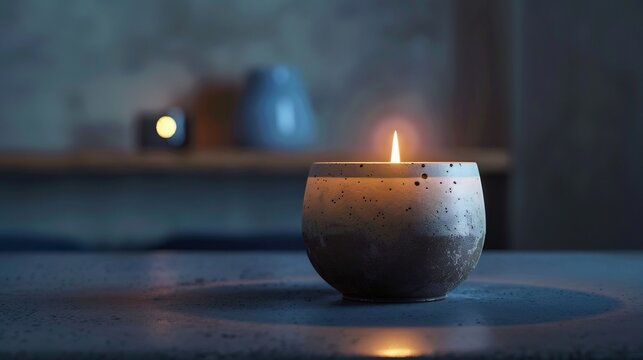 A lit candle in a rustic concrete holder sits on a dark table, softly illuminating the scene.