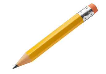 A sharp yellow pencil with a pink eraser and silver ferrule isolated on a clean transparent background ready for writing