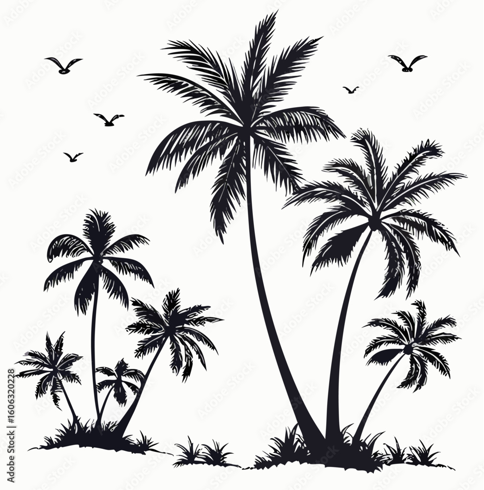 Poster vector silhouette illustration of several palm trees of varying sizes with birds flying in the backg
