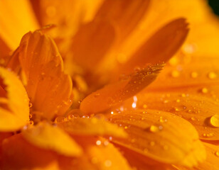 Macro shot of vibrant orange flower petals covered in glistening water droplets. The image captures the delicate texture and beauty of nature up close.