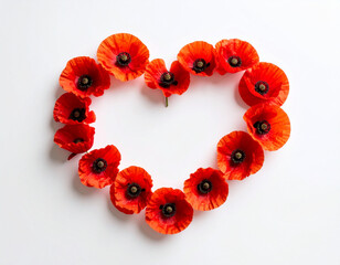 Red poppies arranged into a heart shape on a white background. Floral heart. A symbolic representation of love, remembrance, and beauty.