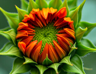 A macro shot of a sunflower bud with bright orange petals and green leaves, showing the textures and geometry of the flower.